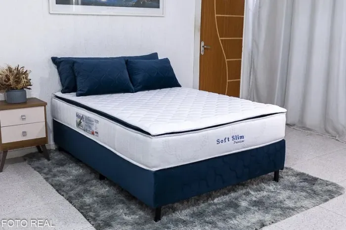 Colchão Casal Molas Ensacadas Softslim + Base e Almofadas Decorativas rf65