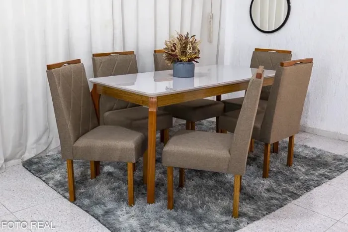 Mesa de Jantar 6 Cadeiras Diamante Linho Capuccino Madeira Maciça rf53