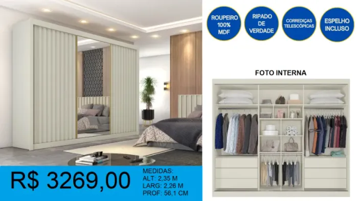 Guarda roupa 3 portas de correr - compre hoje e receba amanhã 