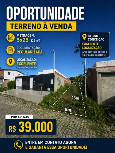 VENDO TERRENO DOCUMENTADO NO BAIRRO CONCEIÇÃO EXCELENTE LOCALIZAÇÃO 