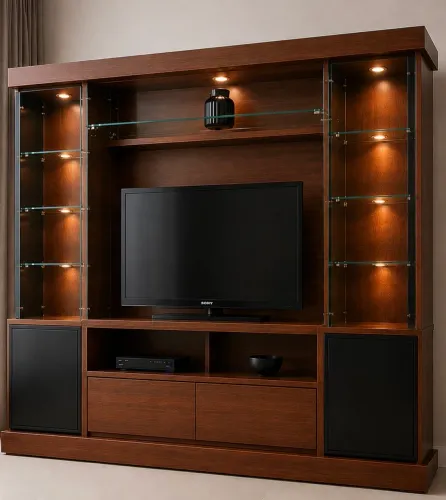 Estante Home Theater Masotti em Madeira Maciça com Iluminação e Vidros