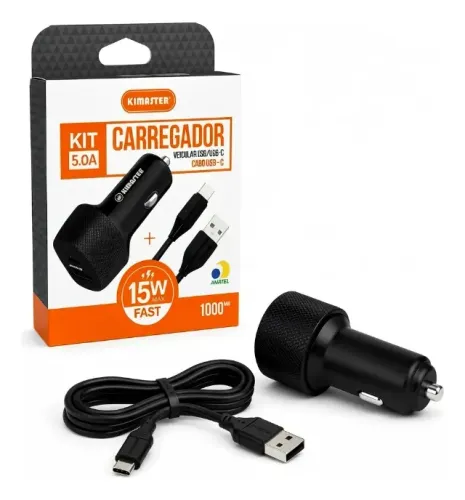 Kit Carregador Veicular Kimaster 5A 15W Type-C Preto