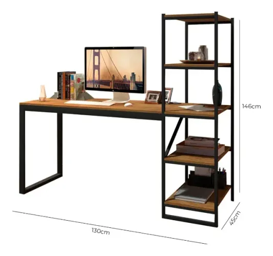 Escrivaninha Mesa de Estudo Slim Industrial MDF Canela/Preto Já Montada