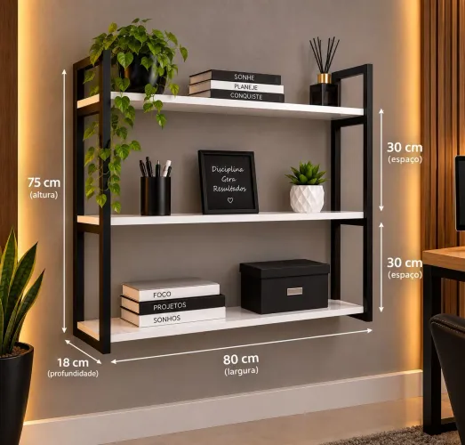 Estante de parede Industrial Metalon + MDF Branco 3 Prateleiras