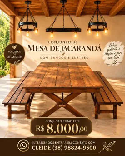MESA JACARANDÁ COM BANCOS E LUSTRES