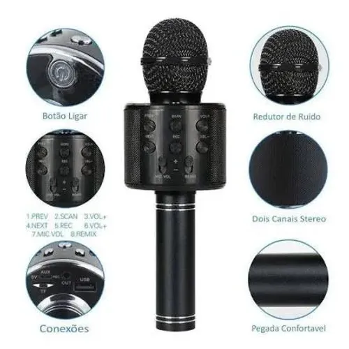 Microfone Karaokê Bluetooth Alto Falante Usb WS-858
