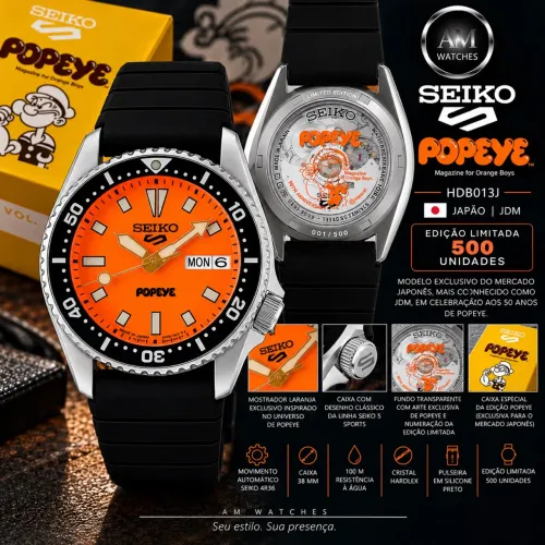 Relógio Seiko JDM HDB013J 38mm aut Edição Limitada Popeye Collaboration