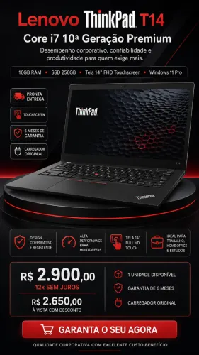 Lenovo ThinkPad T14 i7 10ª Geração - Premium, rápido e pronto para uso!