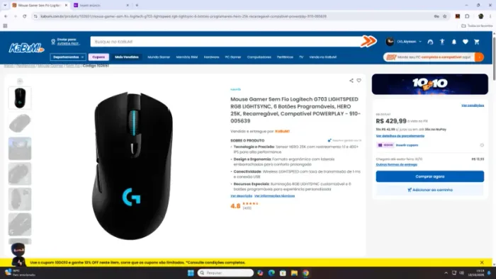Mouse Gamer Sem Fio Logitech G703 LIGHTSPEED RGB LIGHTSYNC