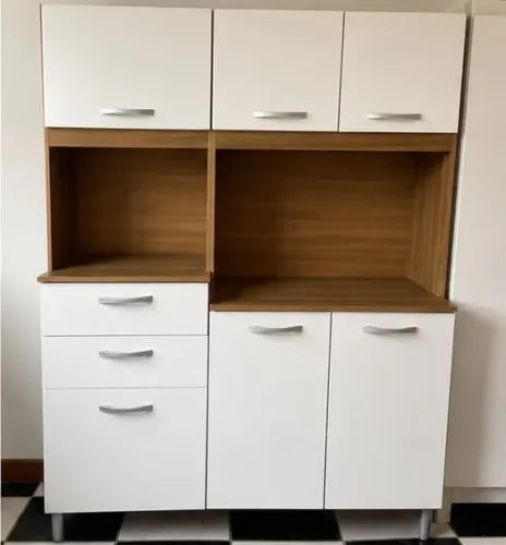 Armário de Cozinha Branco com Amadeirado - 6 Portas, 2 Gavetas e 2 Nichos