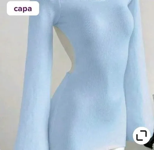 Vestido Curto de Tricô Azul-Claro Costas Nuas e Manga Flare