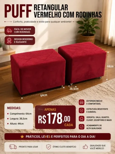 PUFF RETANGULAR VERMELHO COM RODINHAS