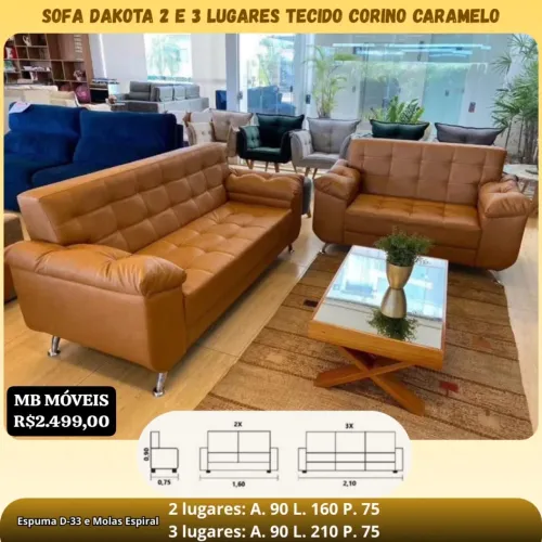 SOFA DAKOTA 2 E 3 LUGARES TECIDO CORINO CARAMELO