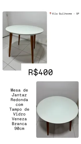 Mesa de Jantar Redonda c/ Tampo de Vidro Veneza - Branca - 90cm