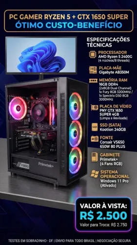 PC Gamer Ryzen 5 + GTX 1650 Super 4GB / 16GB RAM + ssd 240gb + fonte 650w 80plus