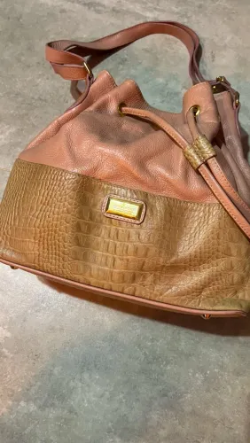 Bolsa Couro Fino de Couro Legítimo Rosa e Caramelo