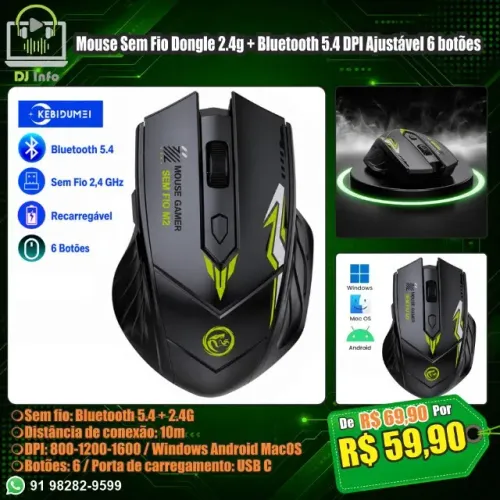 Mouse Sem Fio Dongle 2.4g + Bluetooth 5.4 DPI Ajustável 6 botões