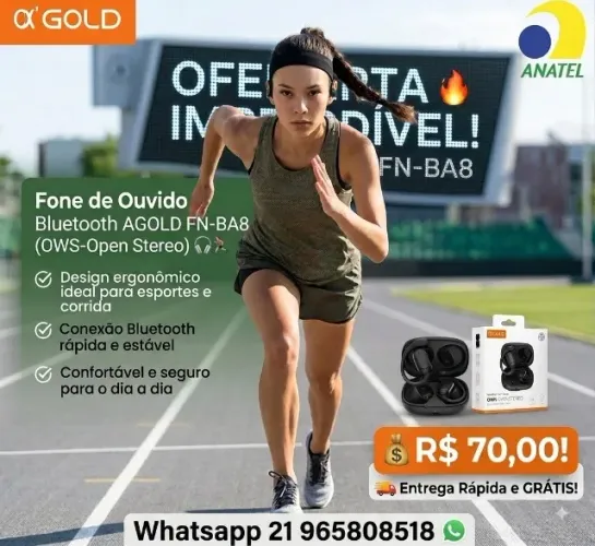 Fone De Ouvido Bluetooth Agold Fn-ba8 Sem Fio Ows-open Cor Preto Fone De Ouvido Bluetooth
