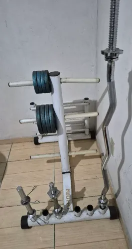 Suporte 3x1 grande para anilhas, barras e halteres  + Pesos 