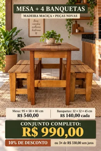 MESA EM MADEIRA MACIÇA + 4 BANQUETAS