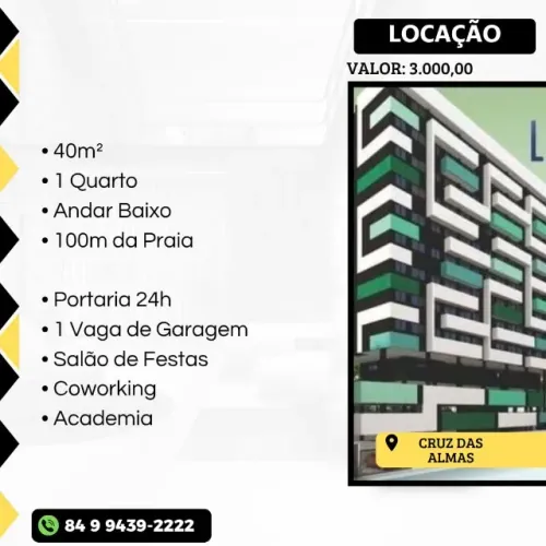 Flat para Locação em Cruz das Almas a 100m da Praia