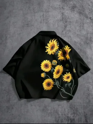 Camisa De Manga Curta Estampa De Bordado Falso De Girassol