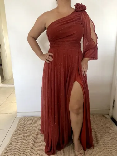 Vestido de Festa Terra Cota Madrinha Tam M Longo Nula Manga