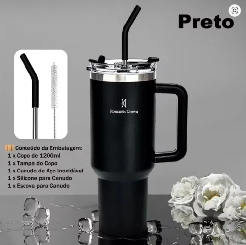 Copo Térmico Inox Romantic Crown Preto Portátil 1200ml/1.2L com Tampa e Canudo - NOVO