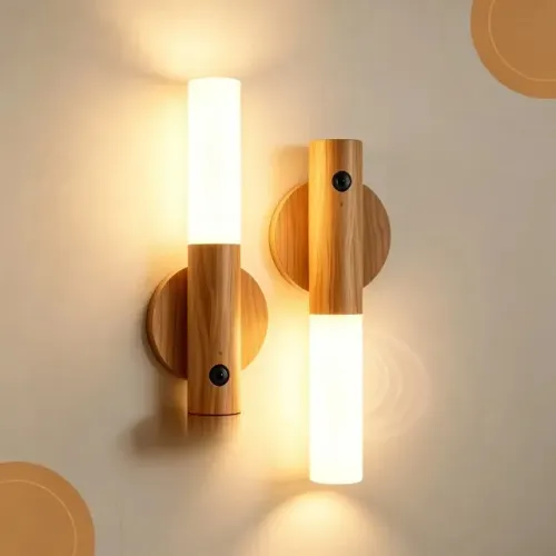 Kit 2 Luminárias LED Recarregáveis com Sensor de Presença 4000K Madeira Clara Magnéticas