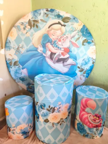 Kit com capa para Painel redondo + trio capas cilindro Alice no País das Maravilhas