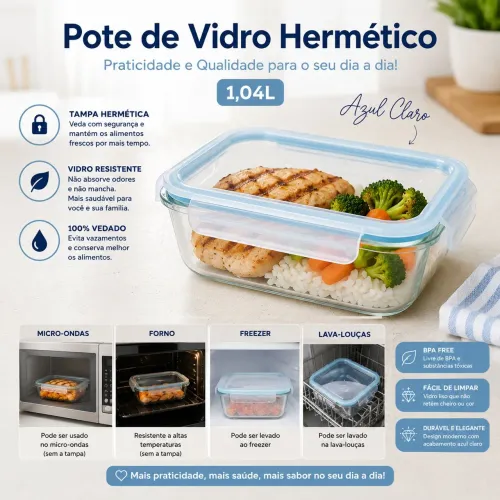 Pote de Vidro Hermético 1,04L - Tampa Azul com 4 Travas