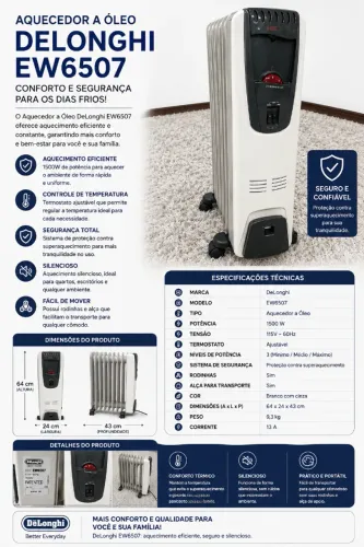 Aquecedor a Óleo De'Longhi EW6507 1500W - Funcionando Perfeitamente | 115V