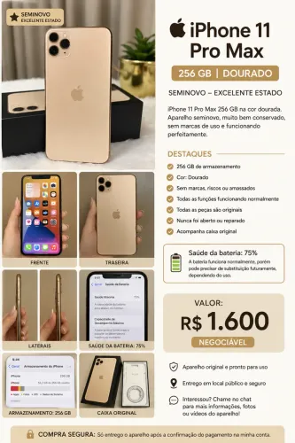 iPhone 11 Pro Max 256GB Dourado | Seminovo | Original | R$ 1.600