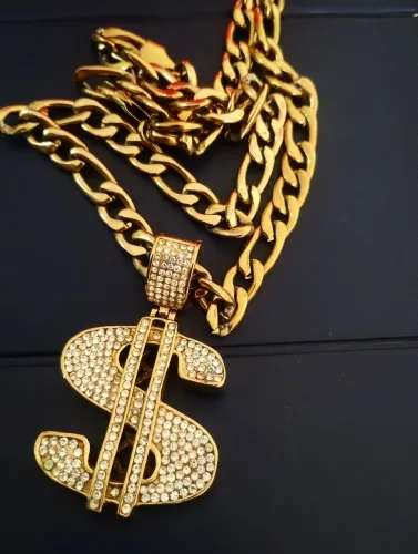 Colar com Pingente grande em forma de cifrão totalmente cravejado de ouro 18 quilates