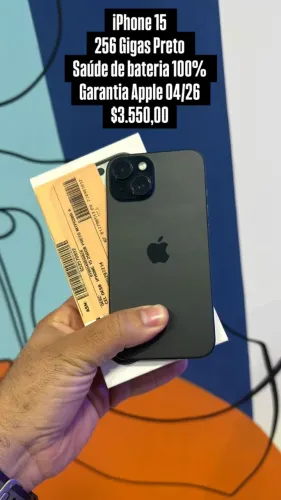 iPhone 15 /256GB / Preto / Saúde de bateria 100% / Garantia Apple 04/26 / R$ 3.550,00