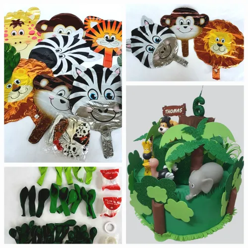 Kit decoração festa infantil, tema floresta, com bolo fake luxo, 88 peças + brindes