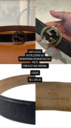 CINTO GUCCI ORIGINAL COURO LEGÍTIMO PRETO FERRAGEM DOURADA