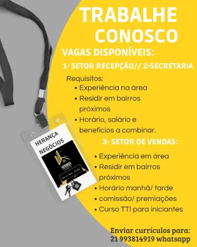 VAGA DE EMPREGO PARA SECRETARIA, RECEPÇÃO E VENDEDORES