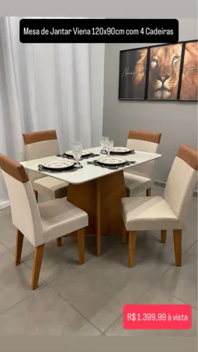Mesa de Jantar Viena 120x90cm com 4 Cadeiras Linho- Produto Novo 