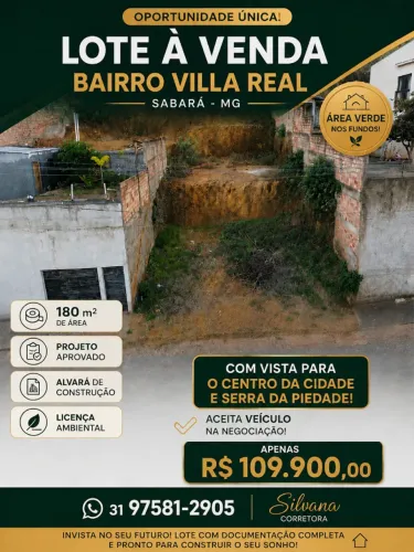 Oportunidade Lote a venda no Bairro Villa Real em Sabará , Pronto pra construção .