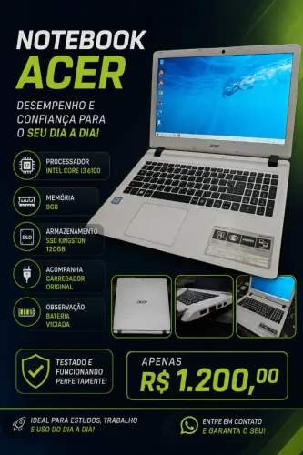 Notebook Acer Branco, Processador i3, 8gb, SSD 120gb