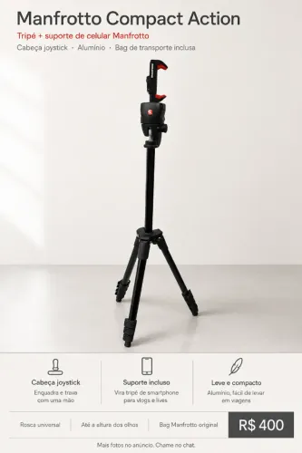 Tripé Manfrotto Compact Action com suporte de celular e bag