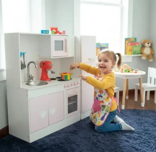 Cozinha de Madeira Premium Infantil 1 Metro - Portas Reais + Pia Inox + Geladeira