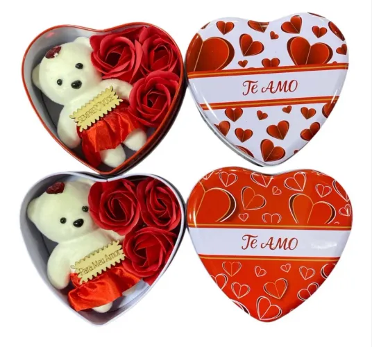 Lata Coração Metal Ursinho Rosas Caixa Presente Dia das Mães Namorados Amor Love