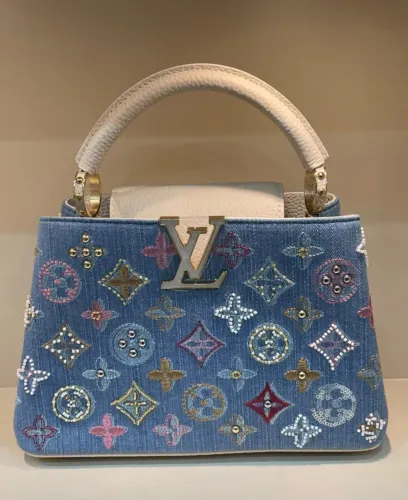 Bolsa couro legítimo e jeans modelo Capucines Mini Blue Cream italiano Louis Vuitton 