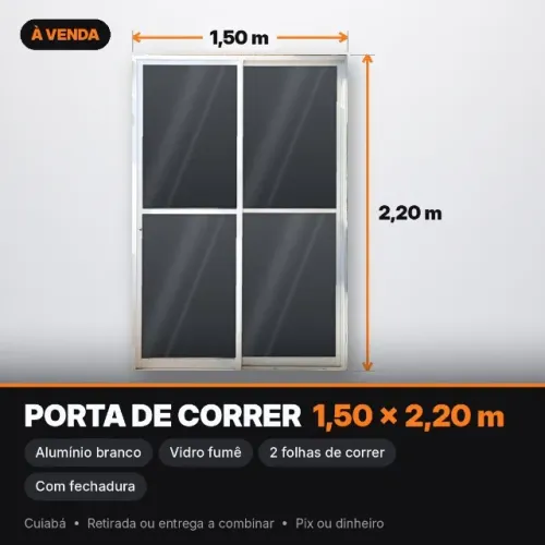 Porta de Correr Alumínio Branco Vidro Fumê 1,50 x 2,20 m