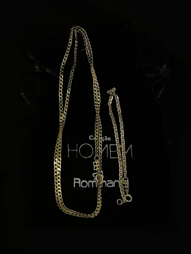 Corrente + Pulseira Masculina Rommanel Banhadas a Ouro