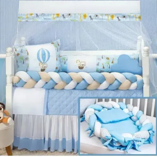 Kit Protetor De Berço Safari Ninho Trança Naninha Masculino Cor Azul