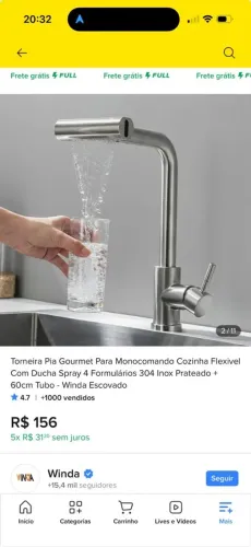 Torneira de Cozinha Gourmet Monocomando com Ducha Flexível e 4 Modos de Jato -