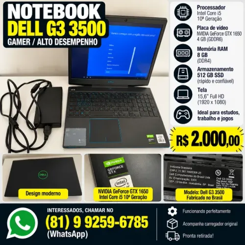 Notebook Gamer Dell G3 15 3500 ? i5 10ª Geração, GTX 1650, SSD 512 GB ? R$ 2.000
